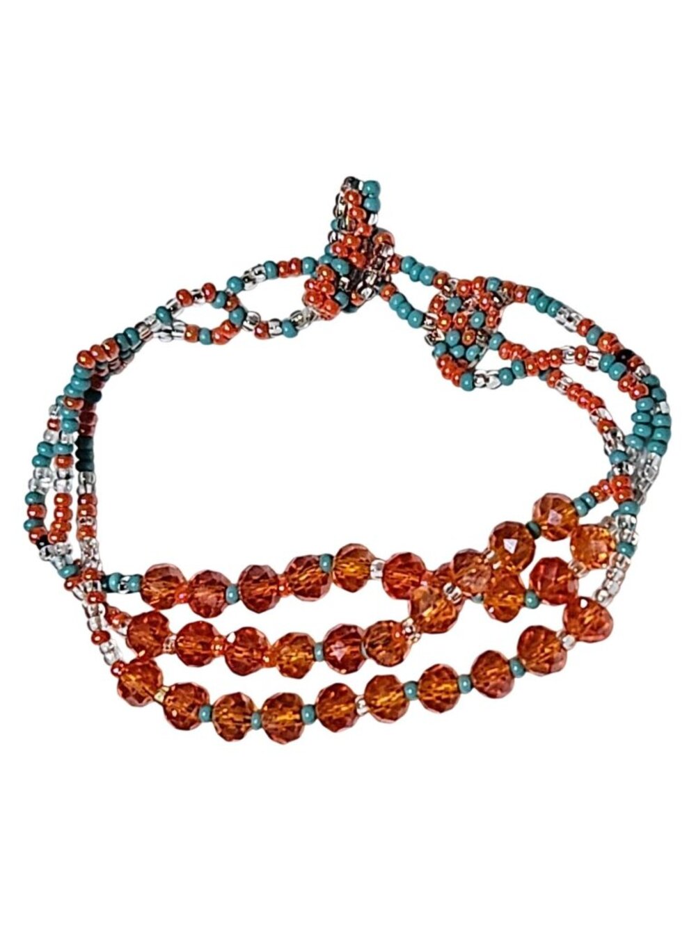 Handmade Seed Beaded Bracelet Multi Strand Faceted Orange Blue Beads Retro